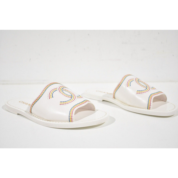 Chanel 21P White Multicolor Lambskin Leather CC Logo Slide Sandal Mule Flat 36 - Picture 3 of 12
